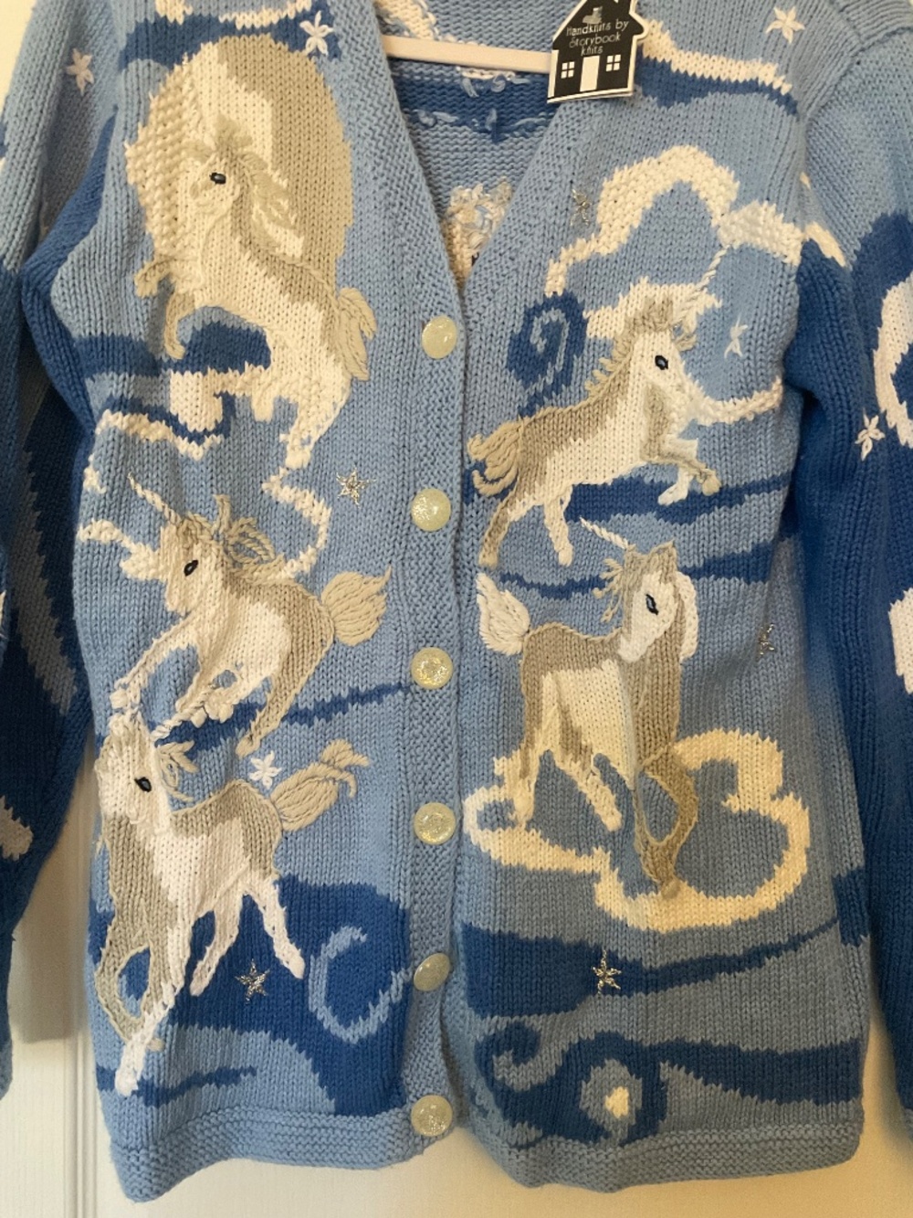 NWT Rare vintage Storybook Knits Unicorn blue hand knit sweater SMALL - Picture 4 of 8